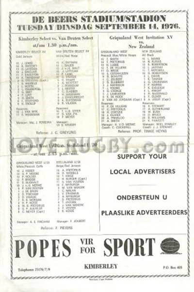 1976 Griqualand West v New Zealand  Rugby Programme